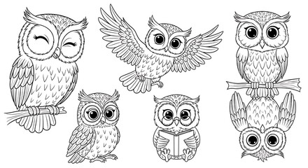 Whimsical Owl Outlines: A Collection of Cartoon Birds in Various Poses and Activities