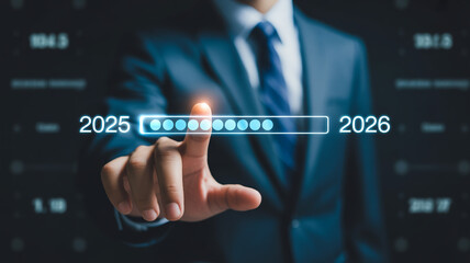 Navigating the Future A Businessman's Touch on the 2025 2026 Transition Bar with Data Visualization Overlay