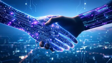 Futuristic Cityscape with Robotic Arm and Digital Overlay - Powered by Adobe