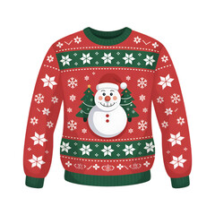 Red Christmas Sweater with Snowman and Trees ugly christmas sweater