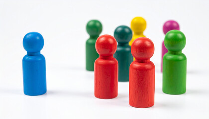Colorful wooden figurines standing together on white. Equality and inclusion. Teamwork concept.