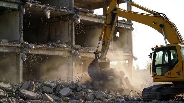 Excavator Demolishing Concrete Building in Construction Site with Bright Sunlight