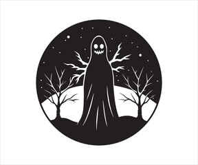 Spooky Ghost Silhouette with Trees Under a Starry Night for Halloween Celebrations and Autumn Decorations