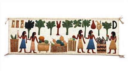Ancient tapestry depicting women engaging in agriculture and trade, showcasing vibrant colors and cultural heritage.