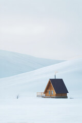 Modern A-frame wooden cabin surrounded by snow-covered hills in a serene winter landscape