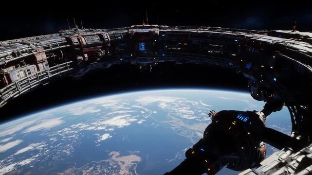 Futuristic Space Station Orbiting Earth with Complex Structures and Technological Modules