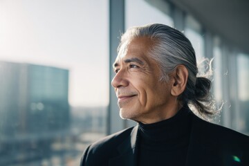 Senior Hispanic man reflecting in a modern office with bright sunlight streaming through the large windows