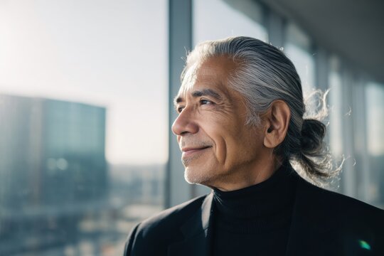 Senior Hispanic man reflecting in a modern office with bright sunlight streaming through the large windows
