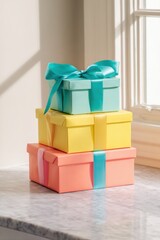 Brightly wrapped gift boxes stacked near a sunlit window create a cheerful atmosphere for celebrations and special occasions