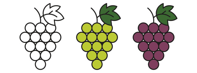 Grape icon. Grape icon set. Grape Icon Food Fruits. Different wine grapes. Bunch of grapes in simple flat style. Grape symbol and sign. Vector illustration.
