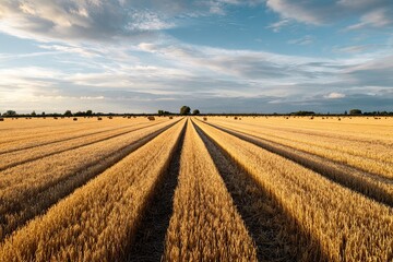 Expansive wheat field at dusk showcasing vibrant hues and symmetrical rows under a vast sky