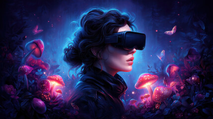 A woman wearing a virtual reality headset surrounded by vibrant, glowing mushrooms and butterflies in a mystical, colorful environment.