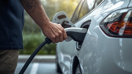 Close-up of a man's hand with a tattoo plugging a charger into a modern white electric car at a charging station.