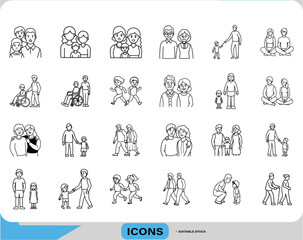 Multigenerational Family Icons, Inclusive Family and Caregiving Icons, Grandparents, Kids, Parents Care Icons, Line Style Vector for Social Medical Use
