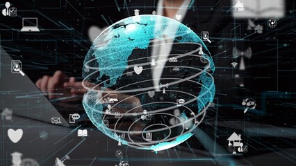 A stylish and futuristic representation of a globe intertwined with digital icons, symbolizing global connectivity and the impact of technology on communication and business strategies. Xenic