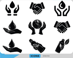 Sustainability and Eco Care Icons, Water, Earth Nature Conservation Icons, Environment Protection and Corporate Ethics Icon