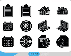 Productivity and Data Analytics Icons, Business Planning, Target Report Icons, Smart Home Office Icons Calendar, Chart, Target, and Control Symbols