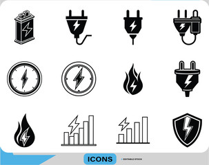 Electric Plug & Power Icons Energy Meter & Battery Icons Power & Fire Energy Set