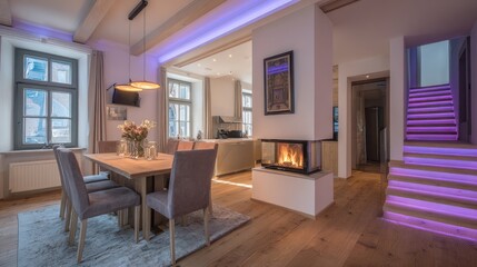 Stylish modern interior design with a fireplace and lit stairs.