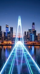 Obraz premium A stunning cityscape at dusk, showcasing a modern bridge illuminated with vibrant lights and a skyline of towering skyscrapers reflecting in the water.