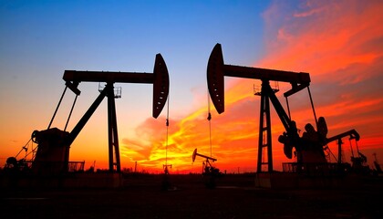 Silhouette of oil pumps at sunset.