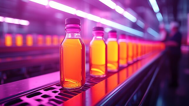 A state-of-the-art food factory where workers inspect packaged bottles of juice moving down an automated assembly line, bright lights highlighting