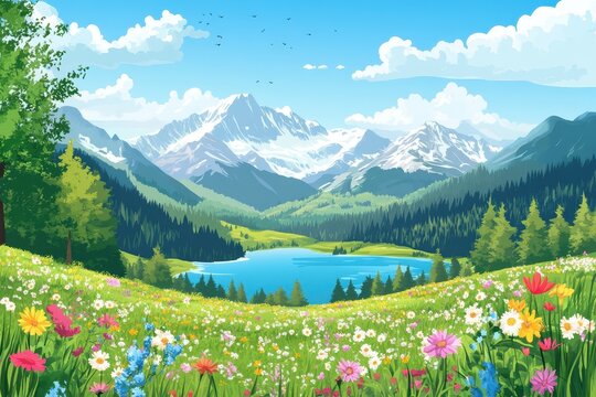 Vibrant alpine meadow with a serene blue lake and snow capped mountains - Powered by Adobe