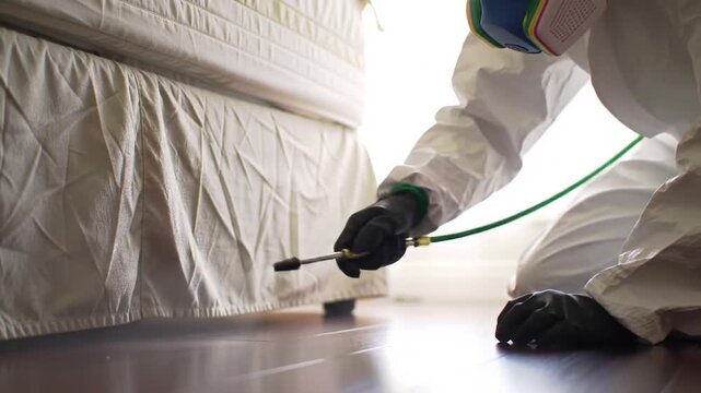 Pest Control Worker Sprays Beneath White Bed with Brown Wood Flooring Indoors