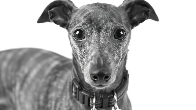 Portrait of a Grey Italian Greyhound with Collar and Adorable Eyes on White Background