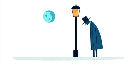 An illustrated figure in a long coat leans against a streetlamp, gazing wistfully at the moon in a serene night scene.