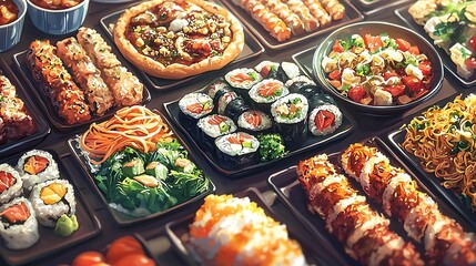 Close-up digital food clipart of diverse global cuisines in cohesive design style