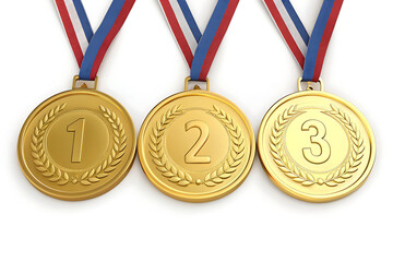 A close up of three gold medals with ribbons showing first second and third place on a white background