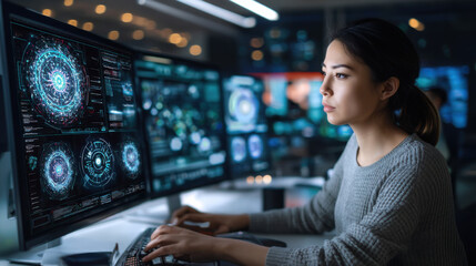 A focused woman analyzes complex data on multiple screens in a high-tech workspace, showcasing a blend of technology and concentration.