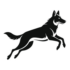 Black Silhouette of a Dog Jumping, Running with Tail Curled Upwards Showing Energy