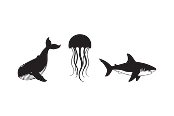 Silhouettes of a whale jellyfish and shark on a white background