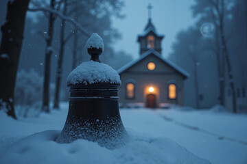 Church bell covered in snow at twilight with warm light glowing  