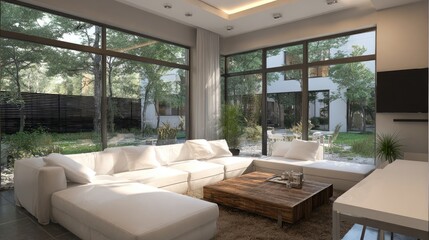Fototapeta premium Modern living room with expansive garden views.