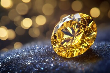 Brilliant yellow diamond sparkling on glittering surface with bokeh lights