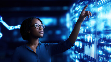 A woman interacts with a futuristic digital interface, showcasing advanced technology and data visualization in a sleek, high-tech environment.