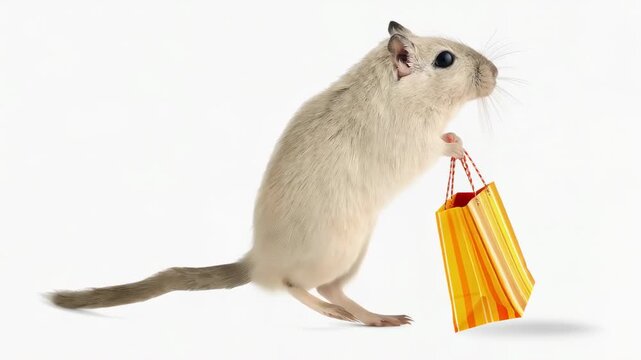 White gerbil standing upright, holding bright yellow-orange striped shopping bag with red handles against white background. Detailed fur and focused pose.