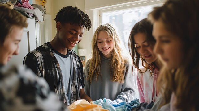 a group of diverse teenagers doing laundry and folding clothes together, natural daylight through window, laughing and bonding, real life moment 