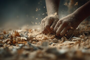 Child's hands working with wood shavings in a workshop, showcasing the labor of youth in a creative environment, highlighting the challenges of child labor and craftsmanship