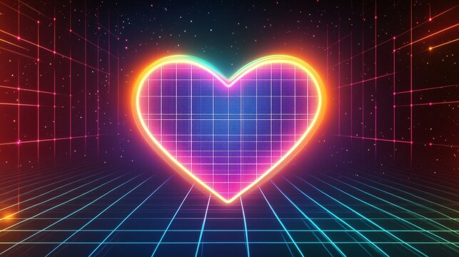 A retro 80s-style heart wallpaper with neon grids and vibrant colors, nostalgic and fun 