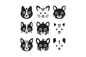 Cute hand drawn black and white animal faces collection