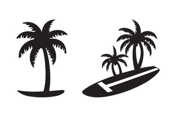 Obraz premium Tropical island silhouette with palm trees and surfboard