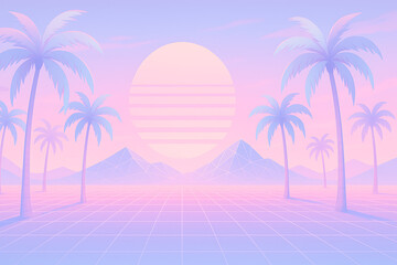 Vaporwave retro futuristic landscape with palm trees neon sunset pastel gradient sky and grid horizon, synthwave 80s inspired digital background aesthetic for artistic design surreal dreamy atmosphere