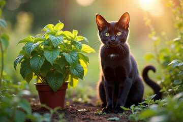 Black cat sitting beside potted plant in sunny garden  