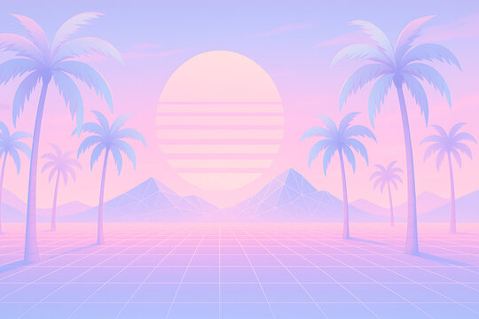 Vaporwave retro futuristic landscape with palm trees neon sunset pastel gradient sky and grid horizon, synthwave 80s inspired digital background aesthetic for artistic design surreal dreamy atmosphere