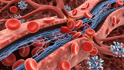 Realistic animated simulation of blood clot formation, showing red blood cells and fibrin network