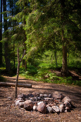 Fire pit surrounded by stones, place for bonfire